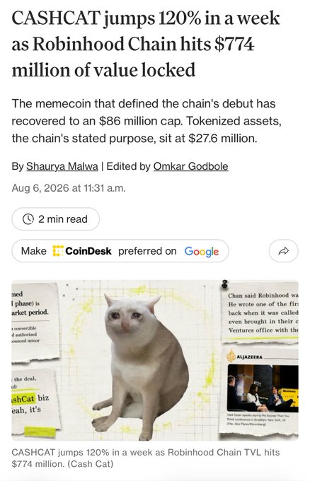 A CoinDesk article headline 'CASHCAT jumps 120% in a week as Robinhood Chain hits $774 million of value locked', featuring an image of a white cat representing the CashCat memecoin.