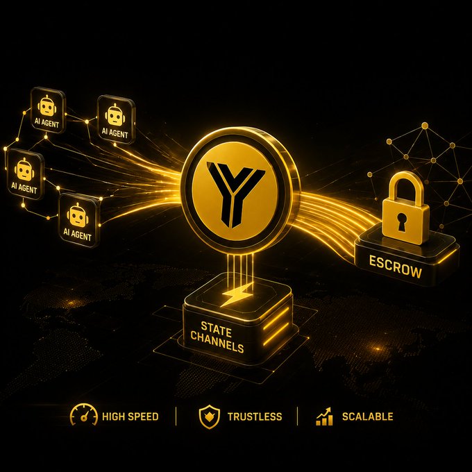 The image features a digital illustration of a state channels platform, with a gold circle containing the letters "Y" and "X", surrounded by various AI agents and high-speed systems. The background is black, providing contrast for the elements within the illustration. The caption below the image reads: "The more autonomous systems evolve, the clearer it becomes that traditional on-chain settlement can’t keep up with machine-speed activity!! AI agents and high frequency systems won’t wait around for expensive confirmations every few seconds! Thats one reason @Yellow stands out".