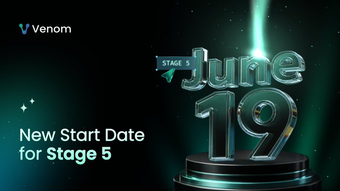 The image features a poster for a new stage 5 of the popular video game, "Venom", which has been moved from Stage 4 to Stage 5. The poster displays the date "June 19" along with the title "New Start Date for Stage 5". The text on the poster indicates that the game is migrating to the new protocol approved by the community and that players should focus on their XP during this transition period.
