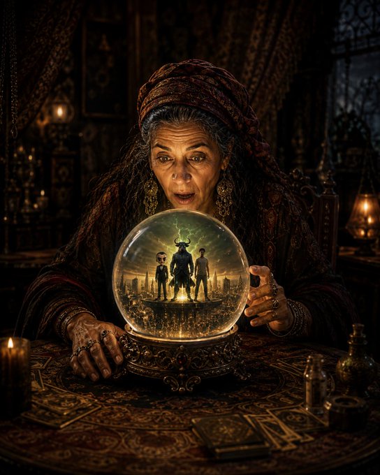 A digital fantasy illustration of an older woman in ornate headwear looking into a glowing crystal ball that reveals two figures standing before a horned demon.