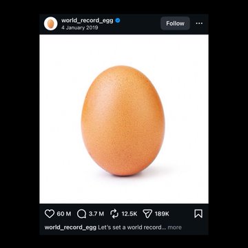 An Instagram post by @world_record_egg dated January 4, 2019, showing a brown egg with 60M likes, 3.7M comments, 12.5K shares, and 189K saves, captioned "Let's set a world record..."—referenced by the $EGG memecoin community as the inspiration behind their viral token after sending 40% of the supply to Bonk Guy.