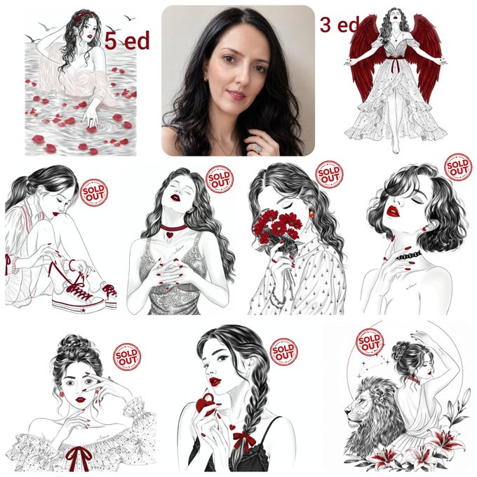 A gallery showing a portrait of a woman with dark hair surrounded by 7 black-and-white illustrated artworks of women, with 'SOLD OUT' stamps on most pieces and '5 ed' and '3 ed' text visible.