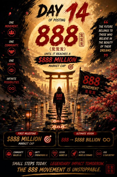 Stylized 'Day 14 of Posting' poster for the '888 Movement' featuring Japanese torii gates, a silhouetted figure, and targets of $888 million market cap and ultimately $888 billion, with thematic pillars: Community, Unity, Vision, and Action.