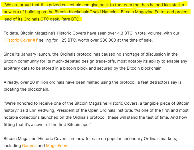 A highlighted quote from Namcios of Bitcoin Magazine about a collectible giving back to the team that helped kickstart building on Bitcoin, followed by text mentioning that Historic Covers have seen over 4.3 BTC in total volume and over 20 million ordinals have been minted.
