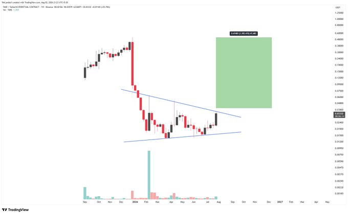 A TradingView candlestick chart of REEF/USDT displaying a symmetrical triangle pattern with a projected long trade setup targeting +319.16% gain.