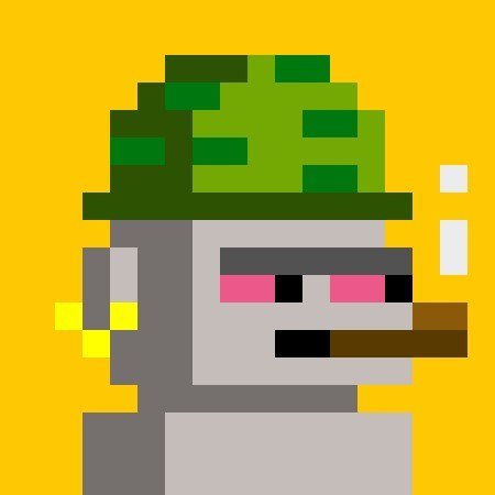 An 8-bit pixel art depiction of a skeleton character wearing a green camouflage helmet, with a pink cigar in its mouth, set against a solid yellow background.