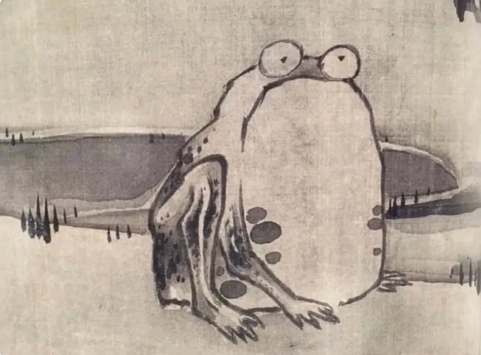 A sketchy ink and wash drawing of a frog-like creature sitting in a desolate landscape with sparse grass and a horizon line.