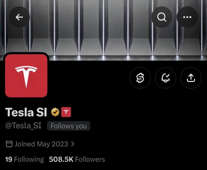 A social media profile for "Tesla SI" (@Tesla_SI), a verified Tesla-themed account with 508.5K followers that joined in May 2023, is shown alongside a post tagging @elonmusk with the ticker $TSLA. The image supports the post's message by highlighting a fan account dedicated to showcasing Tesla and its AI developments.