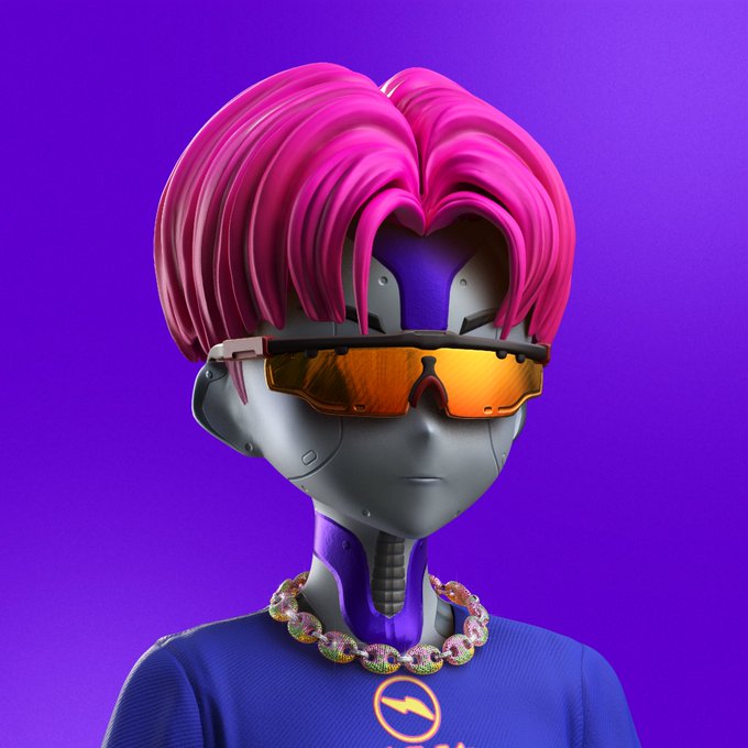 A 3D-rendered robot with pink hair, orange sunglasses, and a blue shirt wearing a colorful chain necklace, set against a purple background.