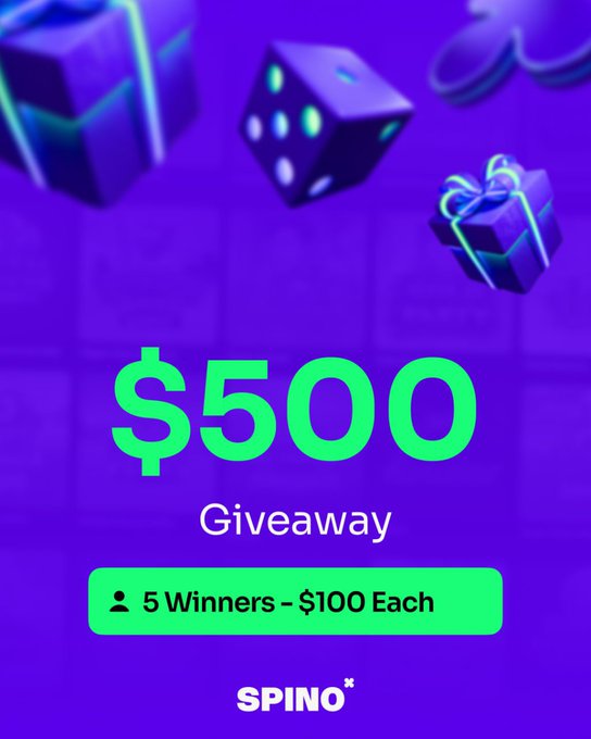 A vibrant purple promotional graphic for Spinocasino featuring dice, gift boxes, and the bold text "$500 Giveaway – 5 Winners – $100 Each" branded with the SPINO logo, directly illustrating the $500 giveaway announcement for 5 winners.