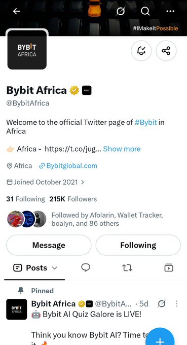 A Twitter/X profile page for "Bybit Africa" (@BybitAfrica) shows 31 Following and 215K Followers, with a pinned post about "Bybit AI Quiz Galore is LIVE!".