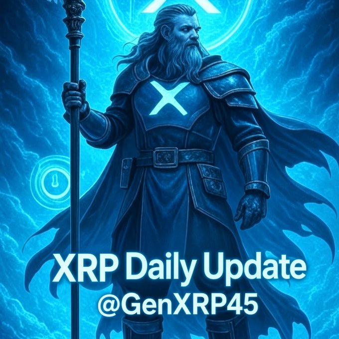 An illustrated figure of a warrior holding a staff with an 'X' on his chest is shown against a blue background with the text 'XRP Daily Update' and '@GenXRP45'.