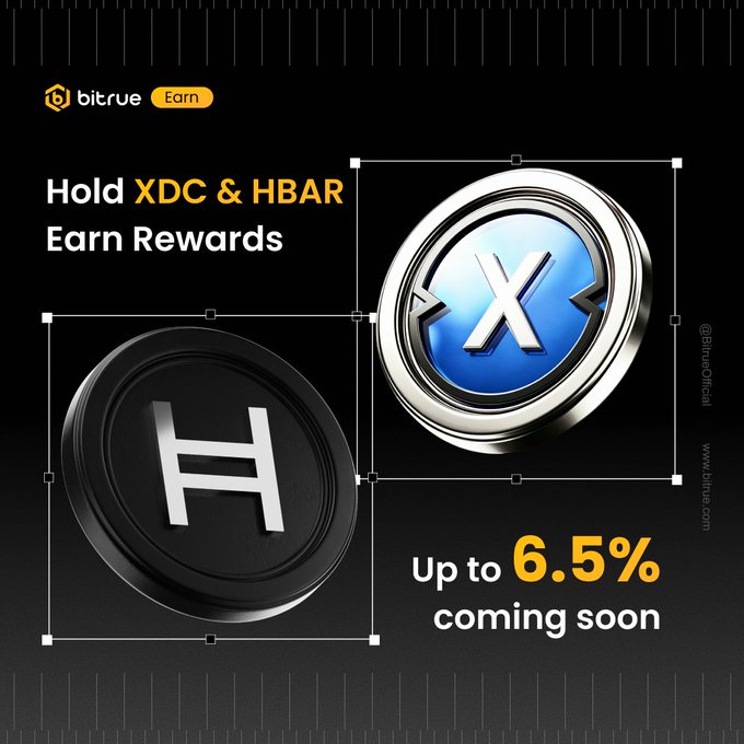 A Bitrue promotional graphic advertises earning rewards for holding XDC and HBAR cryptocurrencies, featuring 3D rendered silver coins and offering up to 6.5% APY coming soon.