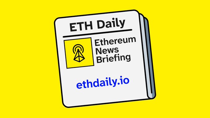 A stylized illustration of a newspaper on a bright yellow background displays the masthead "ETH Daily" with "Ethereum News Briefing" and the website "ethdaily.io," featuring a yellow box with a signal tower icon. The graphic serves as the header for the July 14th edition, which covers topics including Ethereum finality, EthSystems, LIFI token screening, and Shutter Governance.