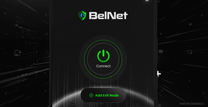 A BelNet application interface with a 'Connect' button and an 'Add Exit Node' option.