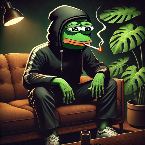 A cartoon frog wearing a black hoodie, smoking a cigarette while sitting on a brown couch with a plant nearby.