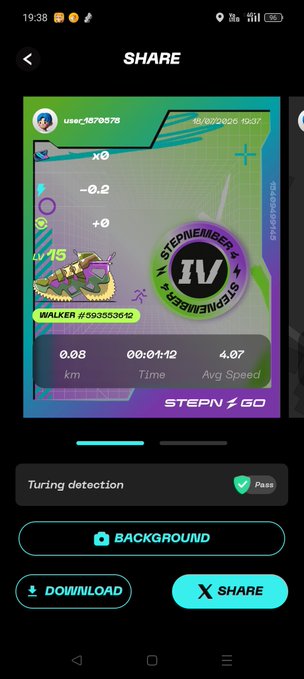 A STEPN GO app share screen displaying a Walker NFT card for user "WALKER/#593553612" with stats: 0.08 km, 00:01:12 time, 4.07 Avg Speed, marked as IV Stepneager with Sneaker #313. Turning detection shows Pass.