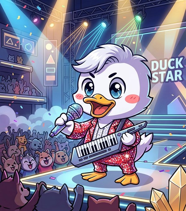 An illustration of an animated duck character named 'DUCK STAR' performing on stage with a microphone and keyboard, wearing a sparkly red outfit.
