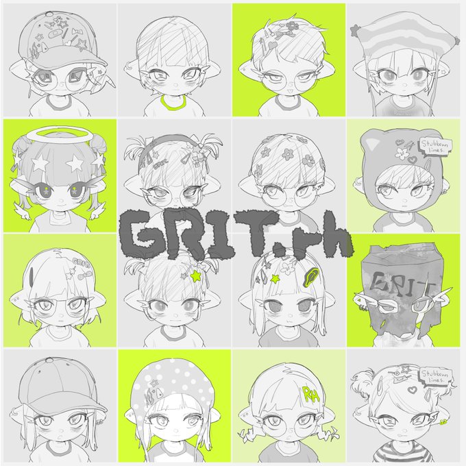 A grid of 16 chibi-style character sketches featuring the word 'GRIT' prominently in the center, with characters drawn in black and white with lime green accent squares.