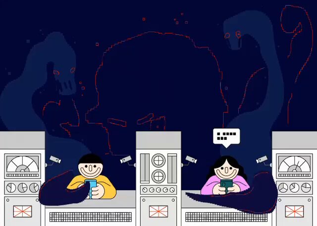 The image features two cartoon characters, a boy and a girl, sitting at a desk with their phones out. They are both smiling while looking at their phones. The background of the image shows a city skyline with buildings and a clock tower. The caption for the image reads "Minted Privacy Matters" by @XCOPYART and "@lewis_osb".