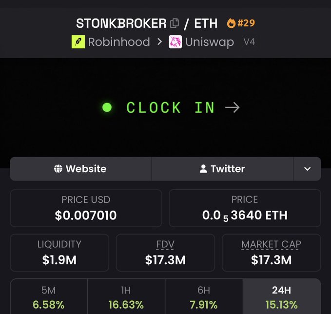 A screenshot of the STONKBROKER/ETH token (#29) showing a price of $0.007010 USD and a 24H increase of 15.13%, aligning with the post's celebration of the token reaching an all-time high.