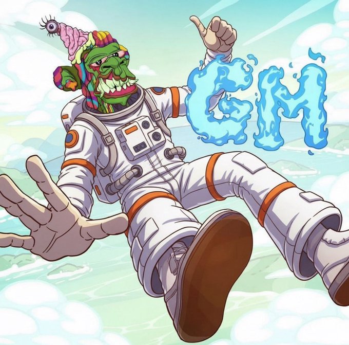 A green-skinned astronaut wearing a colorful beanie floats through the sky with the letters "GM" formed in blue water or energy beside him, perfectly complementing the "GM friends, Have a happy weekend" message with a playful, cosmic "good morning" greeting.