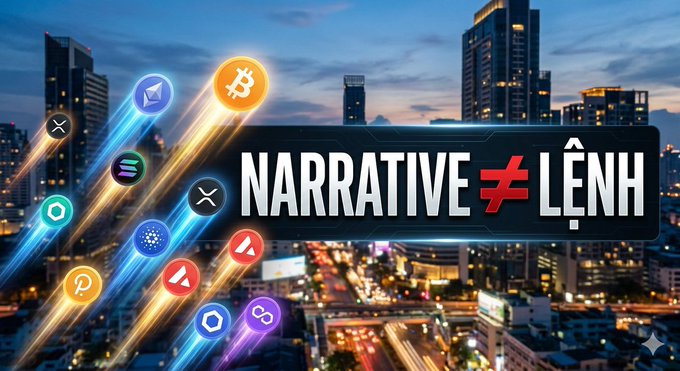 A promotional banner overlaid on a cityscape at dusk, featuring various cryptocurrency logos (Bitcoin, Ethereum, XRP, Solana, etc.) and the text "NARRATIVE ≠ LỆNH."