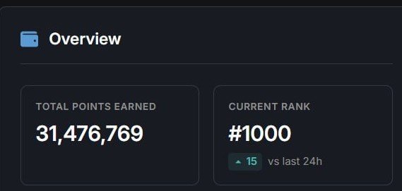 An 'Overview' dashboard shows 'TOTAL POINTS EARNED' at 31,476,769 and 'CURRENT RANK' at #1000, with a green indicator showing an increase of 15 vs last 24h.