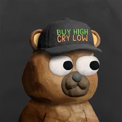 A 3D rendered brown teddy bear wearing a dark baseball cap with the text 'BUY HIGH CRY LOW'.
