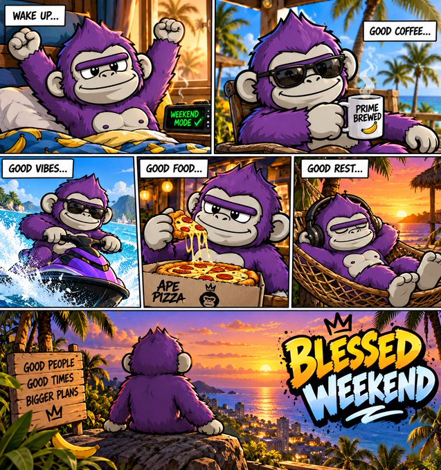 A comic-style illustration showing a purple gorilla enjoying various weekend activities with panels labeled 'WAKE UP...', 'WEEKEND MODE', 'GOOD COFFEE...', 'GOOD VIBES...', 'GOOD FOOD...', 'GOOD REST...', and 'BLESSED WEEKEND' featuring a sign that reads 'GOOD PEOPLE, GOOD TIMES, BIGGER PLANS'.