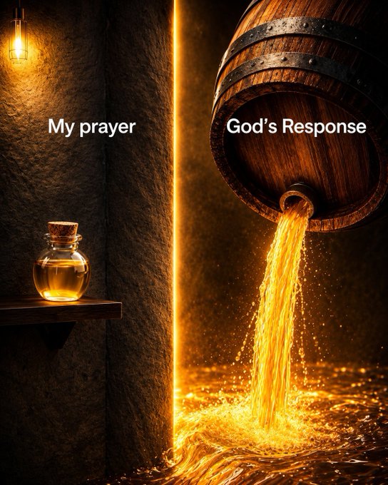 A split image comparing 'My prayer' (a small bottle of oil in a dim alcove) to 'God's Response' (a large barrel pouring a torrent of golden liquid), illustrating the concept of abundant blessing.