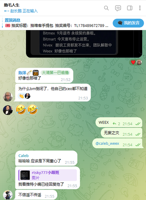 A Chinese WeChat group chat titled "撸毛人生" shows users discussing cryptocurrency platforms, with messages referencing Bitmex, Nivx, and Weex (WEEX), alongside timestamps and usernames like Caleb. The conversation appears to defend WEEX, noting its active hiring, community engagement, and lack of recent high-yield investment schemes, aligning with the caption's reassurance that the platform is operating normally amid rumors.