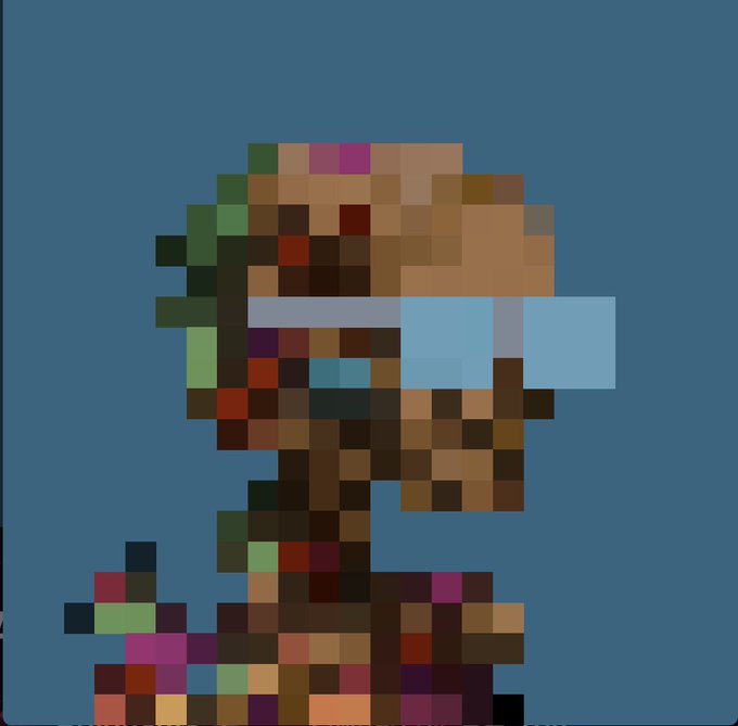 A pixel art character illustration with a large blue eye/nose and brown tones against a blue background.
