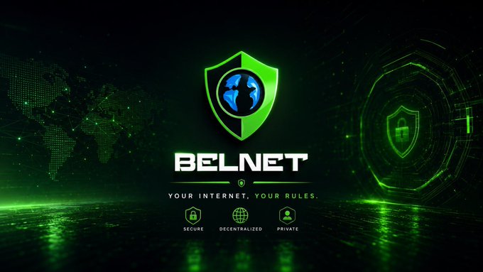 A promotional graphic for 'BELNET' features a green shield and globe logo with the tagline 'YOUR INTERNET, YOUR RULES,' advertising itself as secure, decentralized, and private.