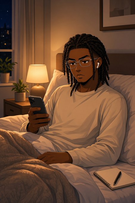 An anime-style illustration of a young man with dreadlocks and glasses wearing earbuds and a beige shirt, sitting in bed at night holding a smartphone, with a notebook and pen beside him on the bed.
