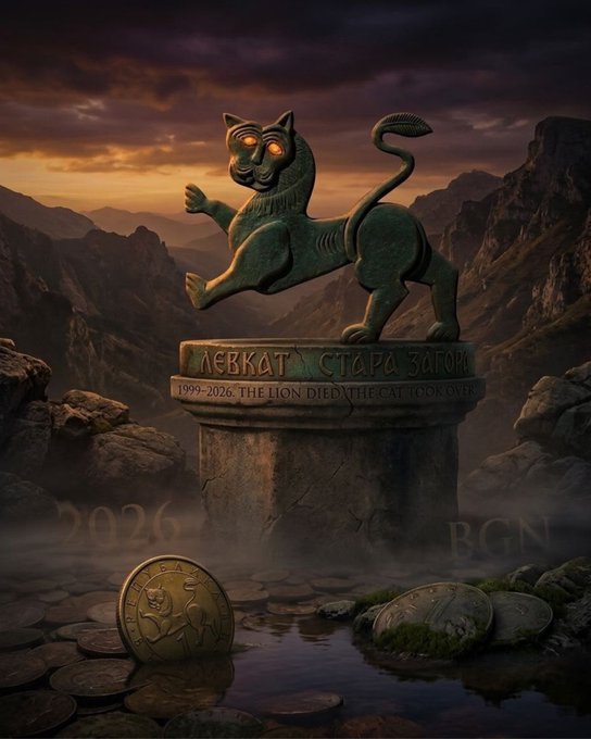 A bronze statue of a cat with glowing eyes sits on a stone pedestal inscribed with 'ЛЕВКАТ СТАРА ЗАТОРА 1999-2026: THE LION DIED THE CAT TOOK OVER', with '2026' and 'BGN' visible in the background.
