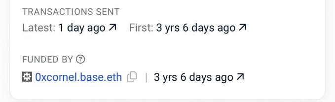 The image displays a wallet's transaction history showing the latest transaction sent "1 day ago" and the first one "3 yrs 6 days ago," funded by the ENS name "0xcornel.base.eth." It visually supports the post by highlighting the author's long history with Base since its earliest days, reinforcing their bullish outlook on the ecosystem's future.