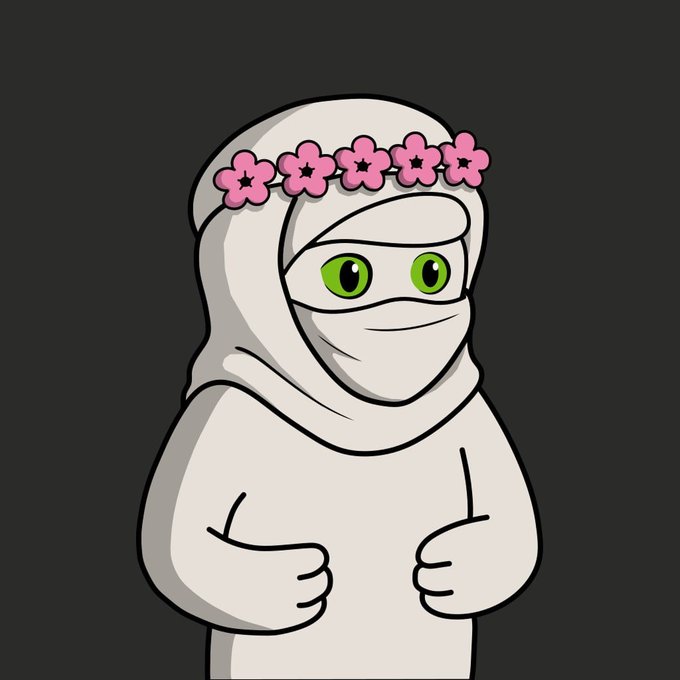 A cartoon character in a white hooded outfit with green eyes wears a pink flower crown, appearing clean and well-groomed as referenced in the "clean" caption. The image accompanies a giveaway post for 20 GTD by @biwlsxyz, with the cheerful mascot likely serving as a profile picture for the giveaway.