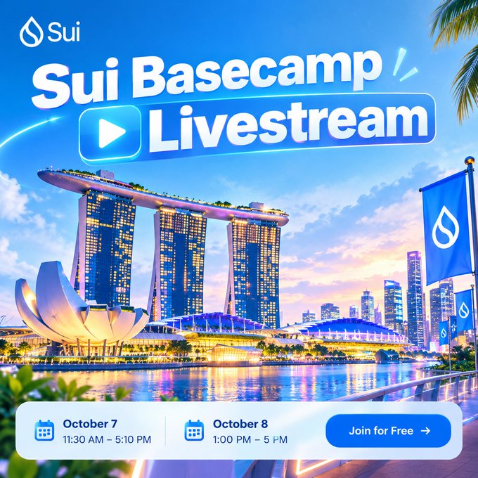 A promotional graphic for 'Sui Basecamp Livestream' features the Marina Bay Sands in Singapore with event dates of October 7 and October 8, and a 'Join for Free' button.