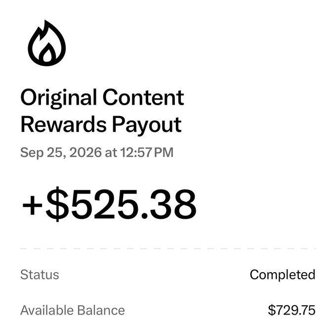 A payout notification from X (formerly Twitter) showing a "+$525.38" Original Content Rewards Payout completed on Sep 25, 2026, bringing the available balance to $729.75—supporting the post's announcement about giving away earnings from @XMoney.