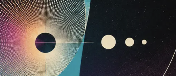 An artistic illustration depicts a black hole surrounded by a colorful swirling vortex alongside three white celestial bodies in a starry space scene.