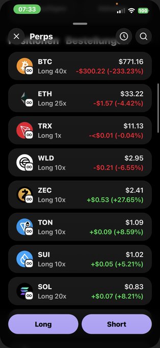 The image shows an iPhone screen displaying a list of cryptocurrency values, with symbols for Bitcoin, Long Tether (LTV), Ethereum, and other symbols indicating different types of digital tokens or coins. The numbers show that some cryptocurrencies are up in value while others have decreased over time, with the current value of each token being displayed alongside its respective symbol. This could be a display of stock market data or a user's portfolio of various digital assets.