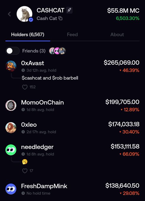 A mobile app screen displays the Cashcat (CASHCAT) meme coin token page showing $55.8M market cap and 6,503.30% gain, with top holders including 0xAvast ($265,069) and MomoOnChain ($199,705).