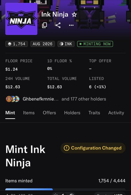 An NFT collection page for "Ink Ninja" showing a floor price of $1.24, 1D floor of 0%, 24H volume of $12.63, total volume of $12.63, 6 listed (<1%), 1,754 items minted, and 177+ holders, currently in minting status for August 2026.