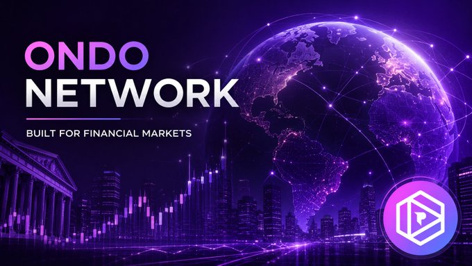 Promotional banner for 'ONDO NETWORK' tagged 'BUILT FOR FINANCIAL MARKETS,' displaying a glowing purple globe, cityscape, and trading chart.
