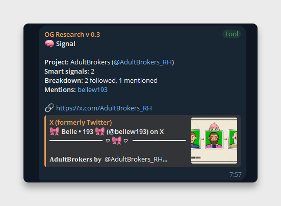 A "OG Research v 0.3" tool interface displays a Signal card for the "AdultBrokers" project (@AdultBrokers_RH), noting 2 smart signals, 2 followed/1 mentioned by "@bellew193" on X, with a timestamp of 7:57. The image appears to serve as supporting research evidence for the claim that the Brokers NFT project has new trading activity and profit potential, despite being thought of as a dead meta.