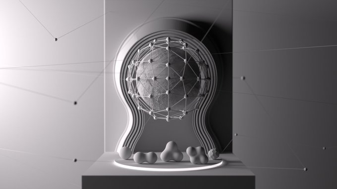 A monochromatic 3D render shows a geometric sphere encased in a wireframe structure, mounted on a pedestal with abstract blob shapes and connected by thin lines to points on the surrounding wall.