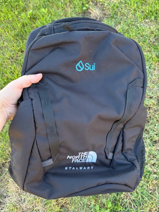 A hand displays a black The North Face "Stalwart" backpack featuring a blue "Sui" logo, set against a grassy background, matching the post about a forgotten Sui Network x The North Face collaboration backpack.