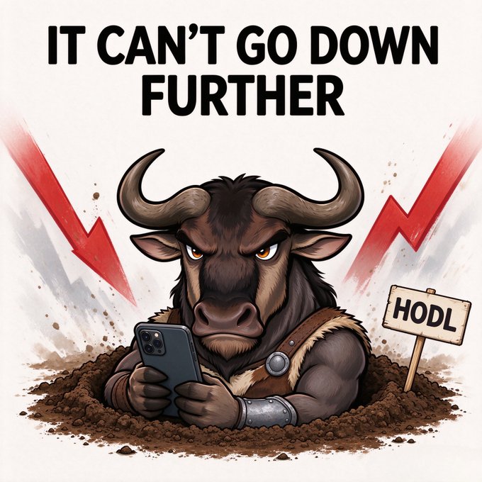 Meme illustration of a muscular bull character buried up to its shoulders in dirt while looking at a smartphone, with the text 'IT CAN'T GO DOWN FURTHER' above and a wooden sign labeled 'HODL' beside it, framed by red downward arrows.