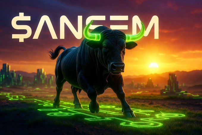 Digital art of a charging black bull with glowing green horns and hooves stepping on neon green symbols, with the text '$ANGEM' at the top against a sunset landscape.